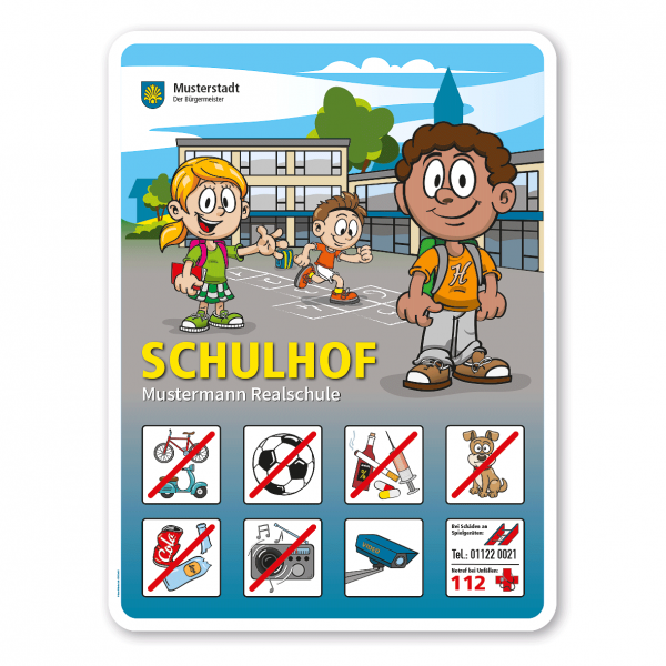 Schulhofschild – Standardschild – mit 8 frei zu wählenden Piktogrammen – Schilderserie SP-01