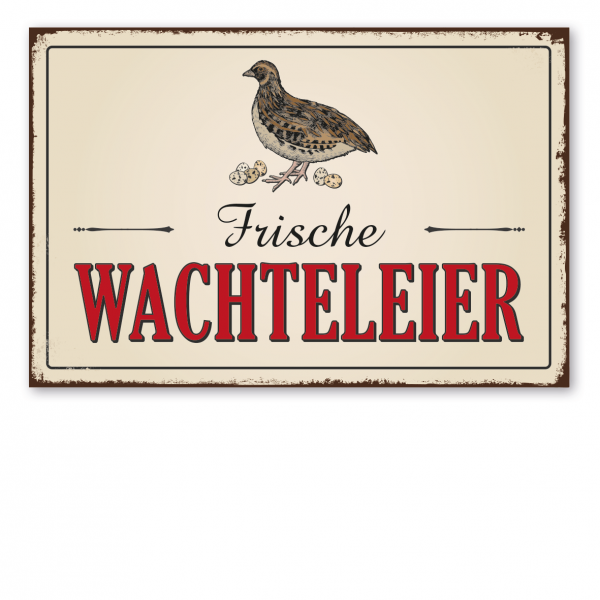 Retroschild / Vintage-Schild Frische Wachteleier – mit Abbildung Wachtel