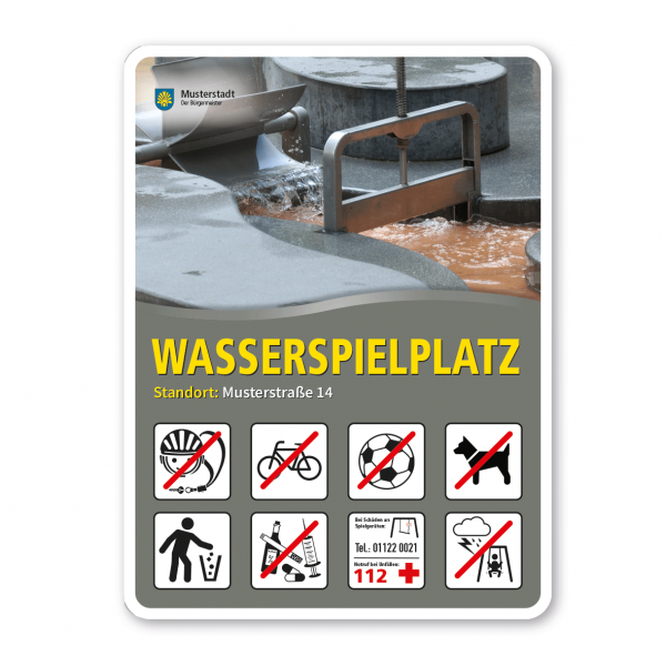 Spielplatzschild - Wasserspielplatz - Wasserrad - mit 8 frei zu wählenden Piktogrammen – Schilderserie SP-02