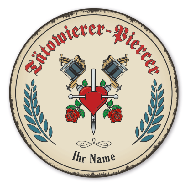 Maibaumschild / Festschild mit Zunftwappen Tätowierer - Piercer - mit Zunftnamen, Ihrem Ortsnamen oder Wunschtext - Rundes Wappen - Retro
