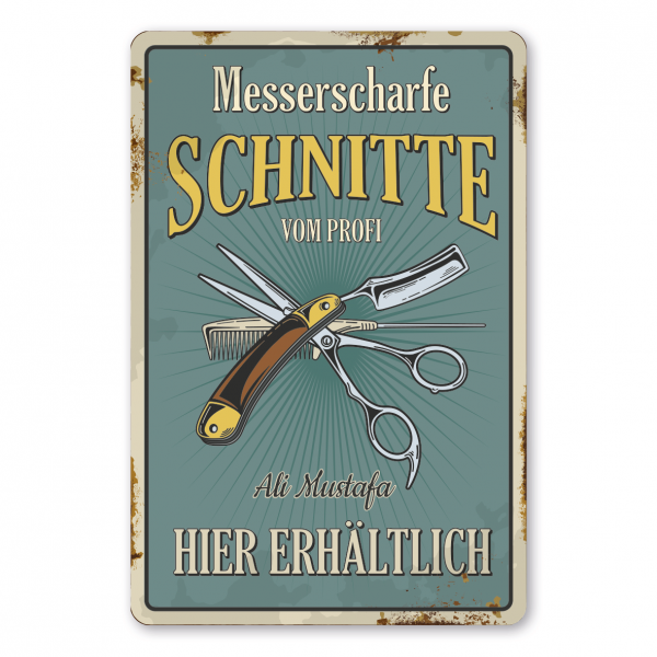 Retroschild / Vintage-Schild Messerscharfe Schnitte vom Profi - Hier erhältlich - mit Ihrem Namenseindruck - Frisörschild - Barber-Schild