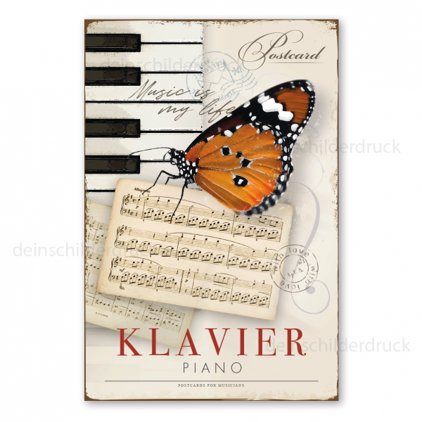 Retro Schild für Musikliebhaber im Stil einer nostalgischen Postkarte - Postcard - Klavier - Piano - auch mit Ihrem Wunschtext