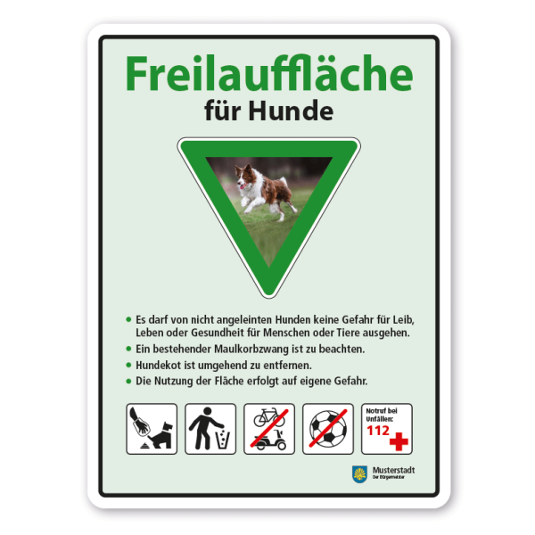 Hundeschild Freilauffläche für Hunde - mit 5 Piktogrammen - Serie GF