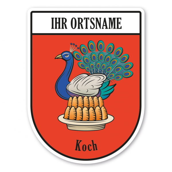 Maibaumschild / Zunftwappen Koch - mit Pfau - mit Zunftnamen, Ortsnamen oder Ihrem Wunschtext - Wappen BL