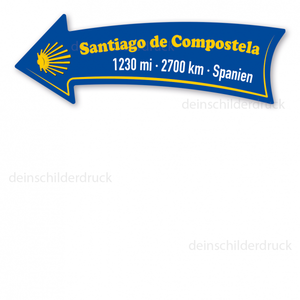 Wegweiser / Pfeilschild Santiago de Compostela mit Ihrer Entfernungsangabe – gebogen