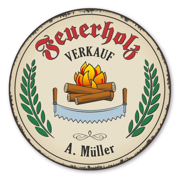 Maibaumschild / Verkaufsschild Feuerholzverkauf mit Logo Feuerstelle - Säge - mit Ihrem Namenseindruck oder Wunschtext - Rundes Wappen - Retro