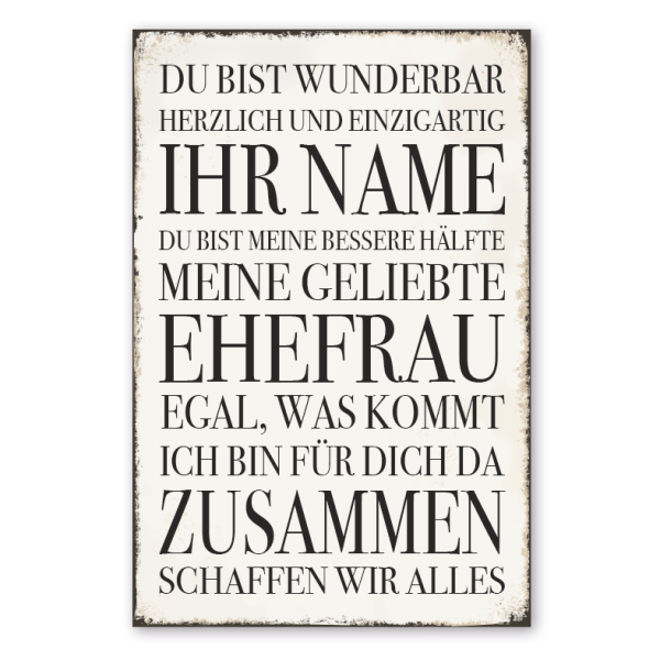 Retro Schild Du bist wunderbar, herzlich und einzigartig - mit Ihrem Namenseindruck oder Wunschtext