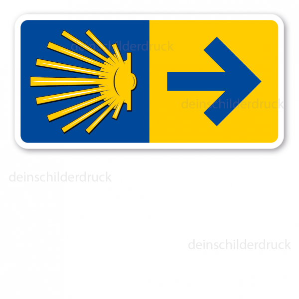 Wegweiser Jakobsweg - Pilgerweg mit Jakobsmuschel und blauem Richtungspfeil auf gelbem Feld – rechtsweisend