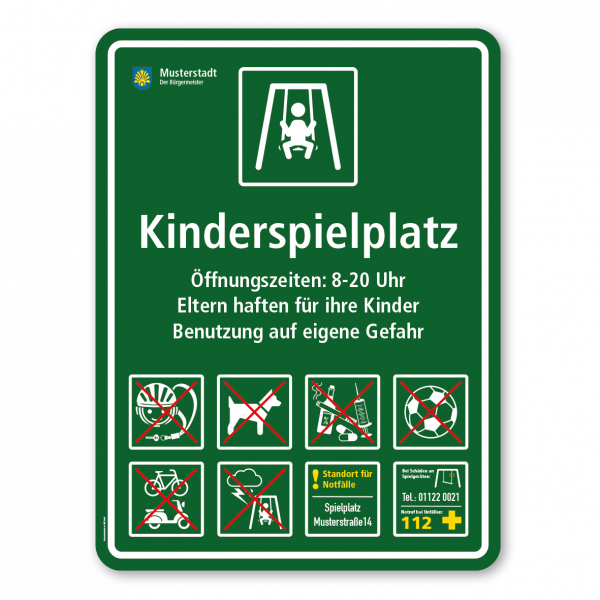 Spielplatzschild - Kinderspielplatz - mit Schaukel - mit 8 frei zu wählenden Piktogrammen – Schilderserie SP-03