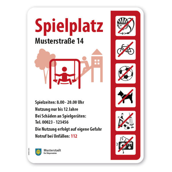 Spielplatzschild - Nestschaukel mit 6 frei zu wählenden Piktogrammen – Schilderserie SP-05