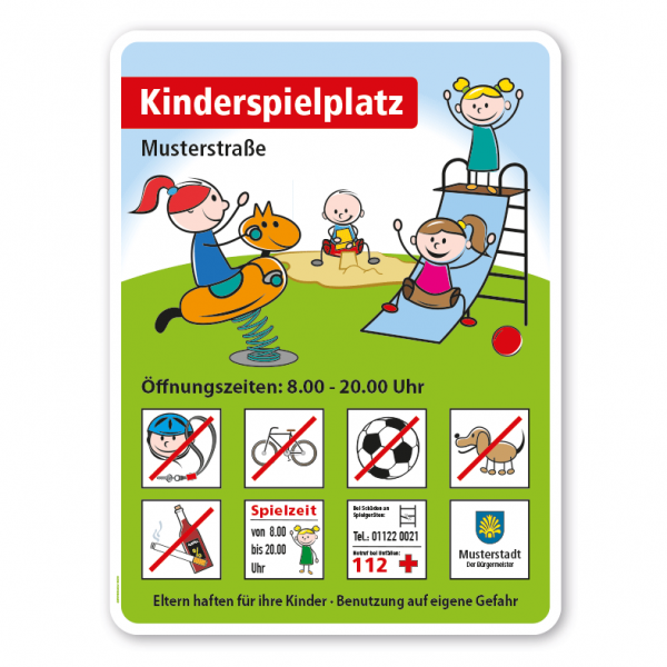 Spielplatzschild Kinderspielplatz - Schaukelwippe, Rutsche, Sandkasten - mit 8 frei zu wählenden Piktogrammen – Schilderserie SP-04