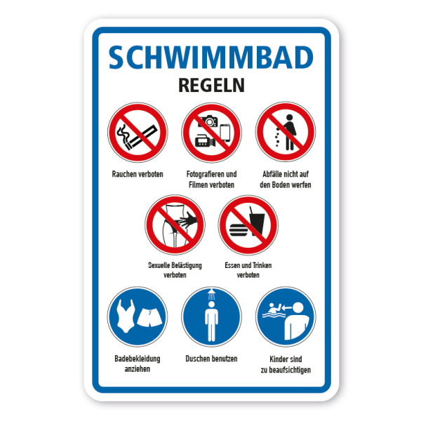 Schild Schwimmbadregeln – Hinweise und Verhaltensregeln im Schwimmbad und an Pools – mit 8 Sicherheitszeichen