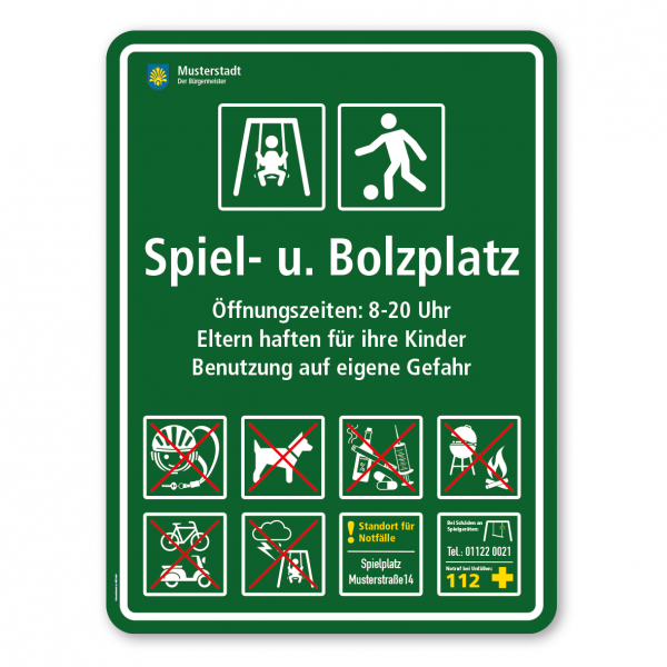Spielplatzschild - Spiel- und Bolzplatz - mit Schaukel und Fußballspieler - mit 8 frei zu wählenden Piktogrammen – Schilderserie SP-03