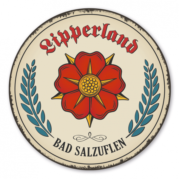 Maibaumschild / Festschild / Wappenschild Lipperland - Lippische Rose - Kreis Lippe - mit Zunftnamen und Ihrem Ortsnamen oder Wunschtext - Rundes Wappen - Retro