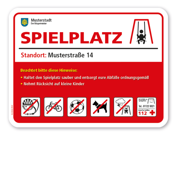 Spielplatzschild - Spielplatz mit 6 frei zu wählenden Piktogrammen – Schilderserie SP-02-B