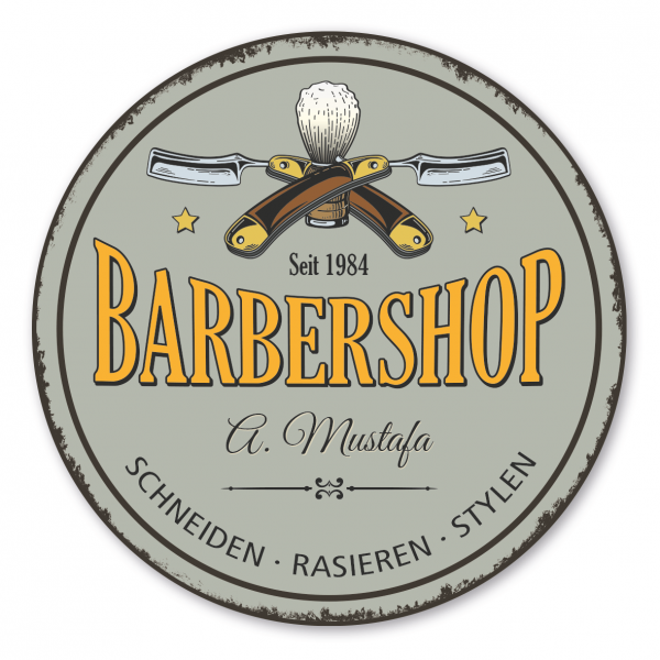 Retroschild / Vintage-Schild Barbershop – mit Ihrem Namens- und Jahreseindruck – Schneiden - Rasieren - Stylen - Barber-Schild, Frisörschild