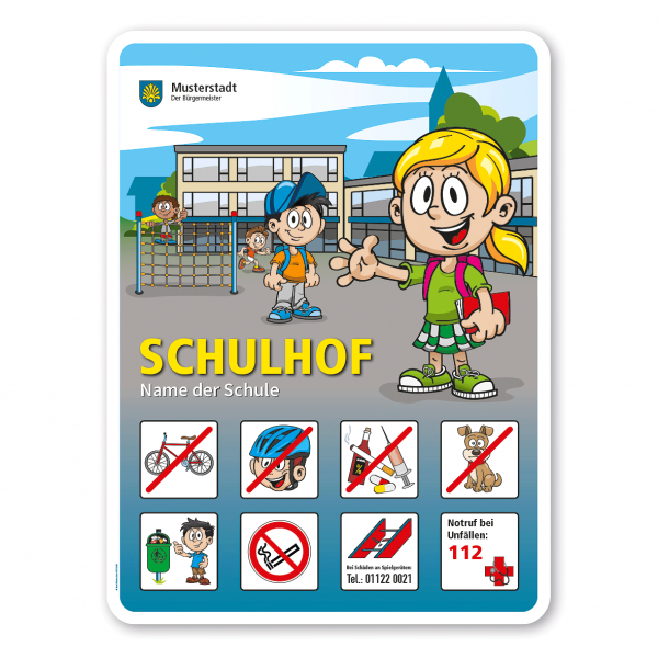 Schulhofschild mit 8 frei zu wählenden Piktogrammen - mit Klettergerüst – Schilderserie SP-01