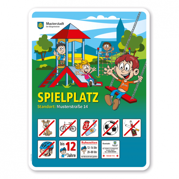 Spielplatzschild Spielplatz – Standardschild mit 10 frei zu wählenden Piktogrammen – Schilderserie SP-01