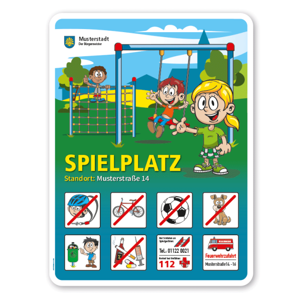 Spielplatzschild Spielplatz - Schaukel - Klettergerüst - mit 8 frei zu wählenden Piktogrammen – Schilderserie SP-01
