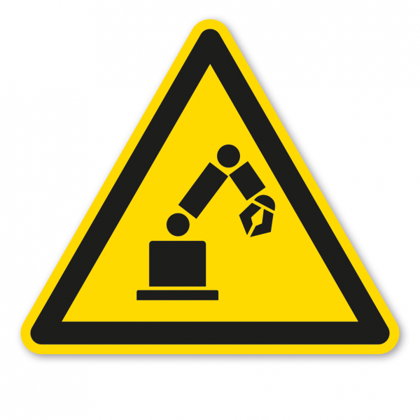 Warnzeichen Warnung vor Gefahr durch Greifarm des Industrieroboters