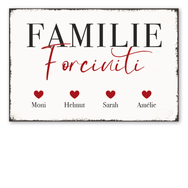 Retro Schild - Familie - mit den Vornamen der Familienangehörigen