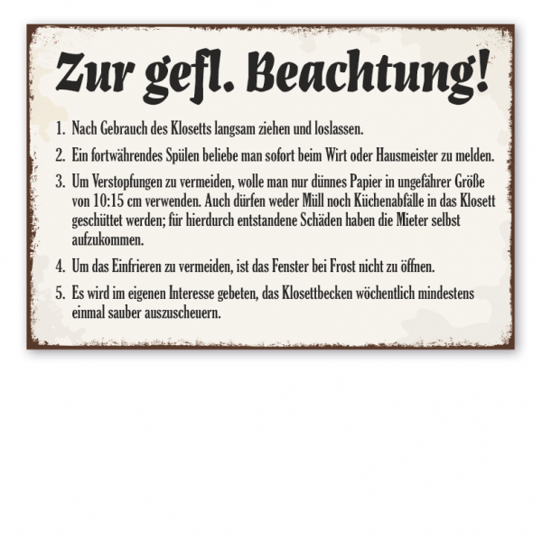 Retro Schild Zur gefälligen Beachtung - Toilettenschild