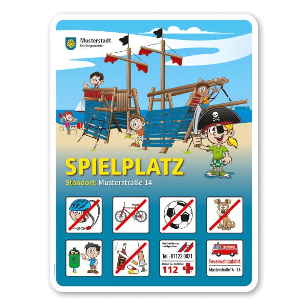 Spielplatzschild Spielplatz - Piratenschiff / Spielschiff - Strandspielplatz - mit 8 frei zu wählenden Piktogrammen – Schilderserie SP-01