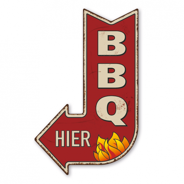 Retroschild / Vintage-Pfeilwegweiser BBQ (Barbeque) mit Flammen - links- oder rechtsweisend mit 3 Löchern zum Aufhängen