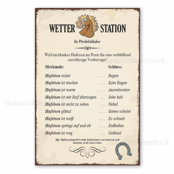 Schild Wetterstation für Pferdeliebhaber - Wettervorhersage mit einem Hufeisen - im Retro Look
