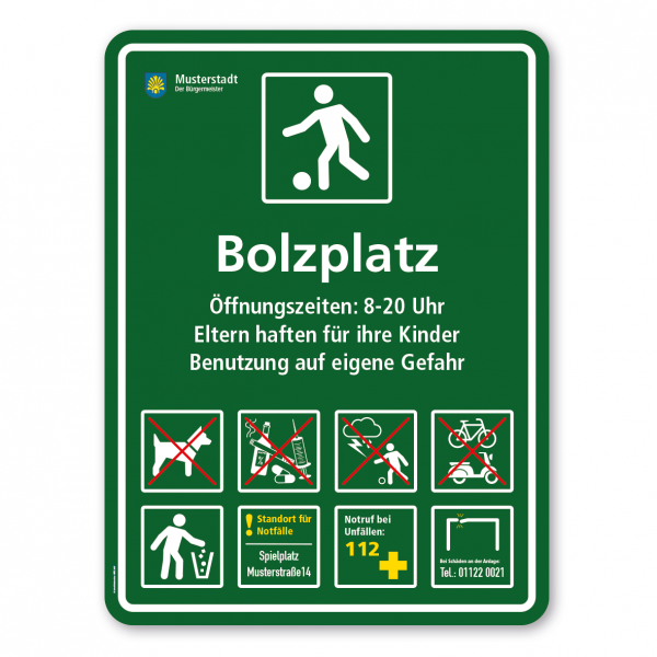 Bolzplatzschild - mit Fußballspieler - mit 8 frei zu wählenden Piktogrammen – Schilderserie SP-03