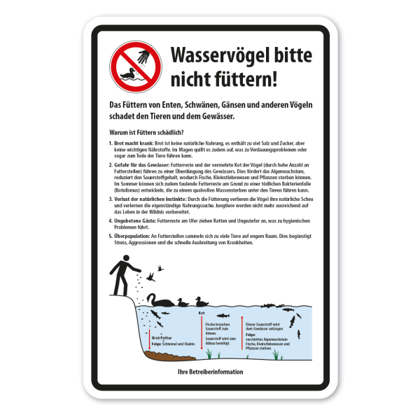 Hinweisschild Wasservögel bitte nicht füttern - Das Füttern von Enten, Schwänen, Gänsen und anderen Vögeln schadet den Tieren und dem Gewässer - mit Ihrer Betreiberangabe