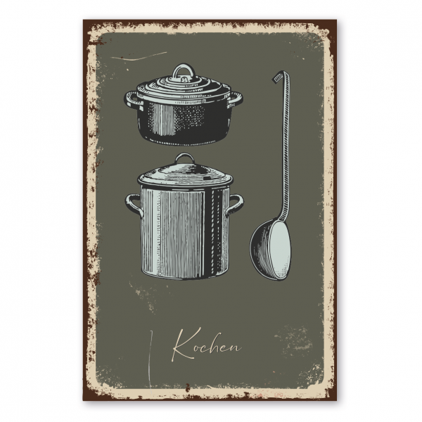 Retroschild / Vintage-Schild Kochen - Kochtöpfe und Kelle