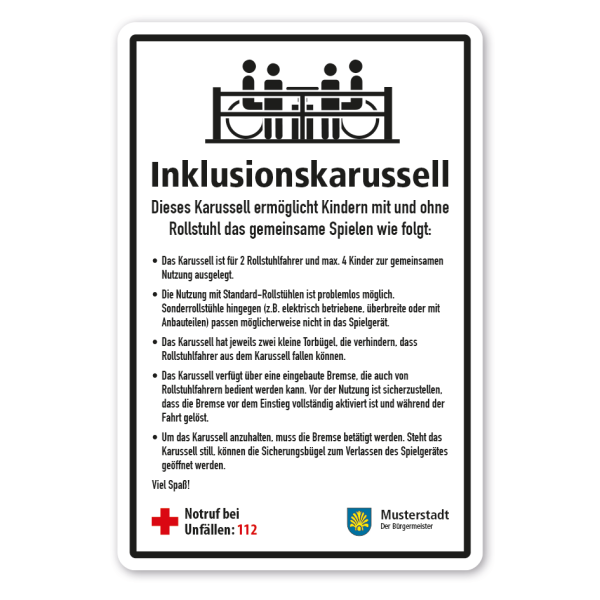 Spielplatz-Zusatzschild Inklusionskarussell - Integrationskarussell - Rollstuhlkarussell - Nutzungshinweise – mit Ihren Betreiberangaben