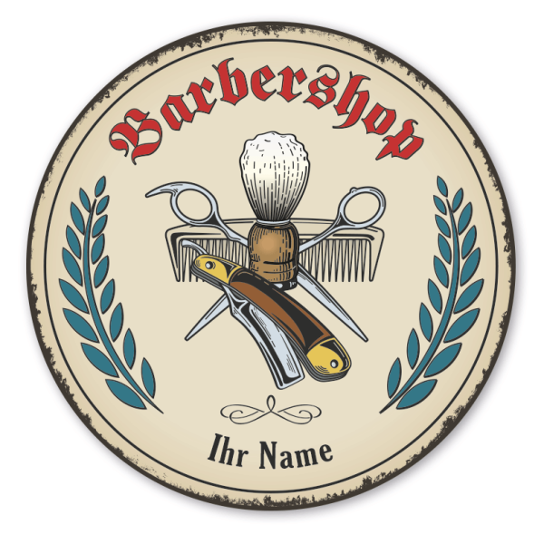 Maibaumschild / Festschild mit Zunftwappen Barbershop - Barbier - mit Zunftnamen, Ihrem Ortsnamen oder Wunschtext - Rundes Wappen