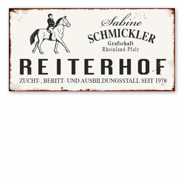 Retro Farmhouse-Schild Reiterhof - Zucht-, Beritt- und Ausbildungsstall - mit Ihrem Namen, Standort und Jahresangabe