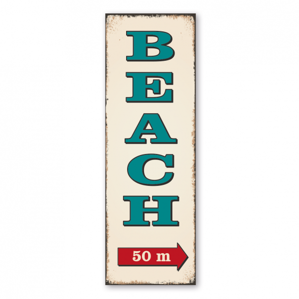 Retro Schild / Vintage Schild Beach (Strand) – mit Entfernungsangabe