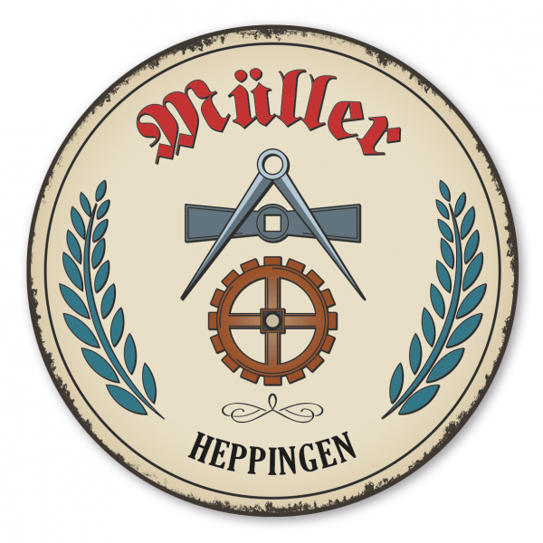 Maibaumschild / Festschild mit Zunftwappen Müller - Mühle - mit Zunftnamen und Ihrem Ortsnamen oder Wunschtext - Rundes Wappen - Retro