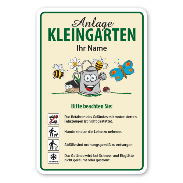 Schild für Schrebergärten Kleingartenanlage – mit Ihrem Anlagennamen und Nutzungshinweisen