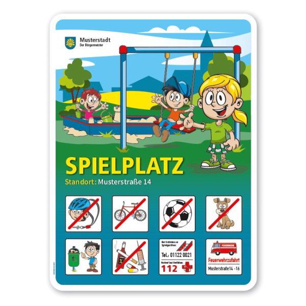 Spielplatzschild Spielplatz - Schaukel - Sandkasten - mit 8 frei zu wählenden Piktogrammen – Schilderserie SP-01