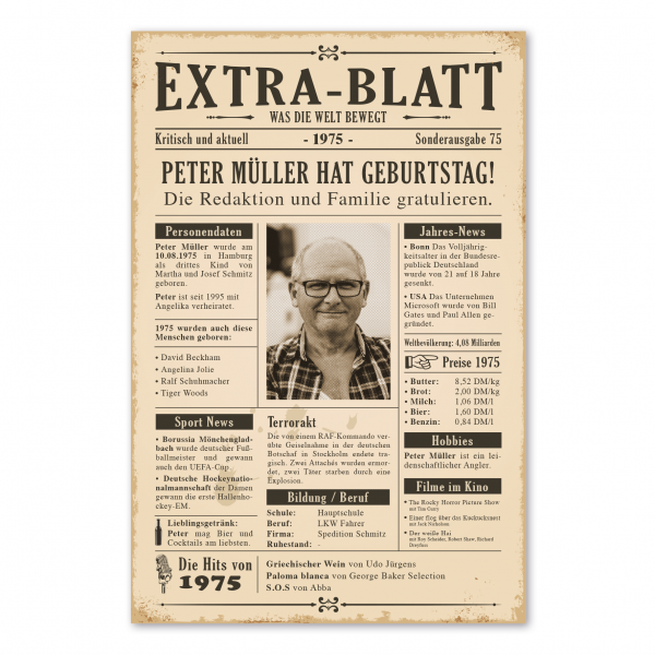 Geburtstagszeitung mit historischen Fakten, Ihrem Foto und persönlichen Daten als Schild