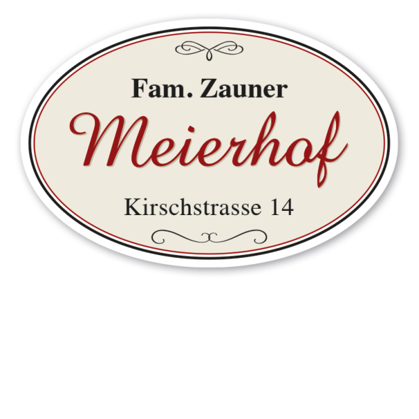 Hoftafel mit Familien- und Hofnamen sowie Straßenangabe - ovale Ausführung in drei Farbvarianten