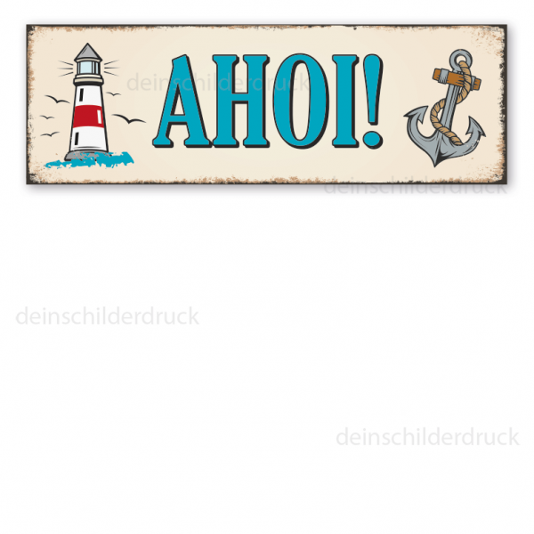 Retro Schild Ahoi - mit Leuchtturm und Anker