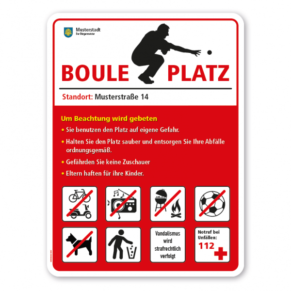 Spielplatzschild / Pétanque-Schild - Boule-Platz mit 8 frei zu wählenden Piktogrammen – Schilderserie SP-02-B