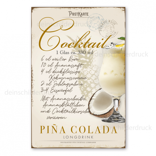 Retro Schild für Cocktail-Liebhaber im Stil einer nostalgischen Postkarte - Postcard - Cocktail - Piña Colada - auch mit Ihrem Wunschtext