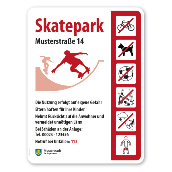 Sportplatzschild - Skatepark - mit 6 frei zu wählenden Piktogrammen – Schilderserie SP-05