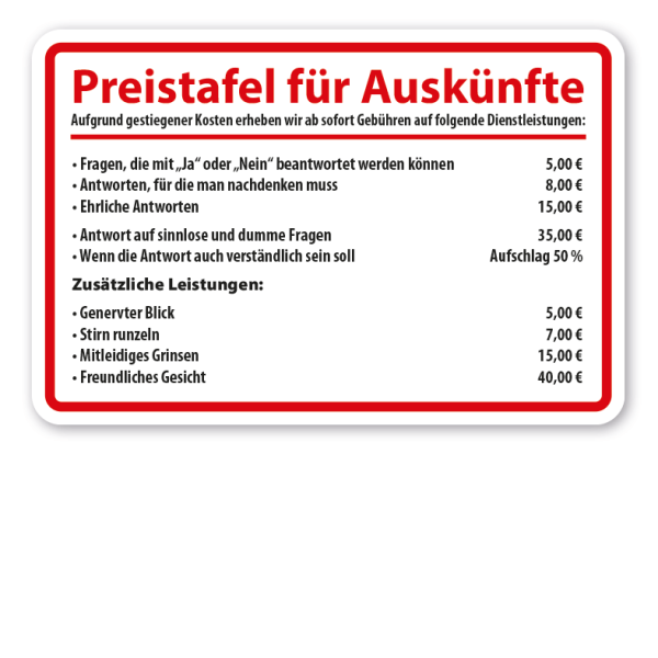 Fun-Schild Preistafel für Auskünfte