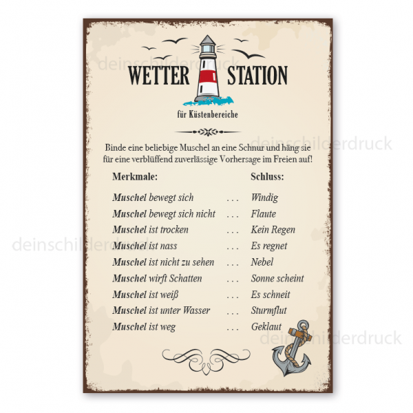 Schild Wetterstation für Küstenbereiche - Wettervorhersage mit einer Muschel - im Retro Look