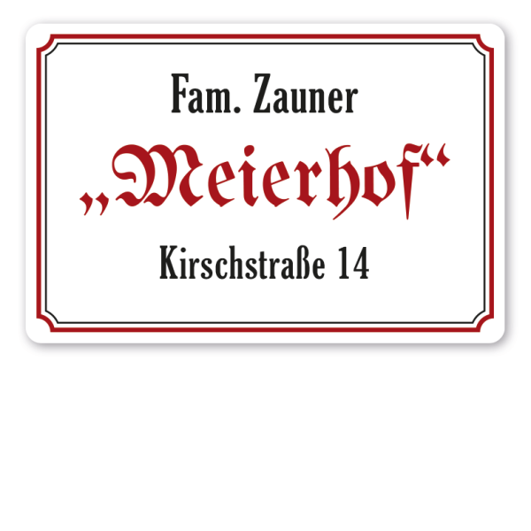 Hoftafel mit Familien- und Hofnamen sowie Adresse - rechteckige Ausführung in vier Farbvarianten