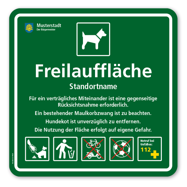 Hundeschild - Freilauffläche - mit 5 frei zu wählenden Piktogrammen und Standortnamen - quadratisch – Schilderserie SP-03