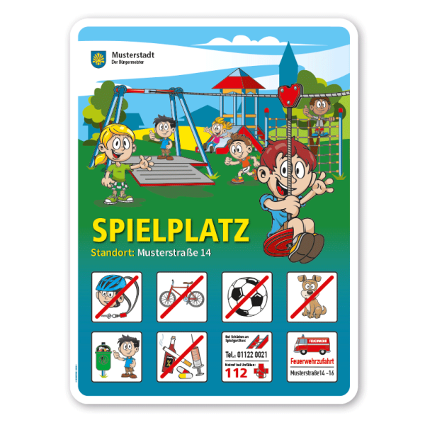 Spielplatzschild Spielplatz - Seilbahn - mit 8 frei zu wählenden Piktogrammen – Schilderserie SP-01